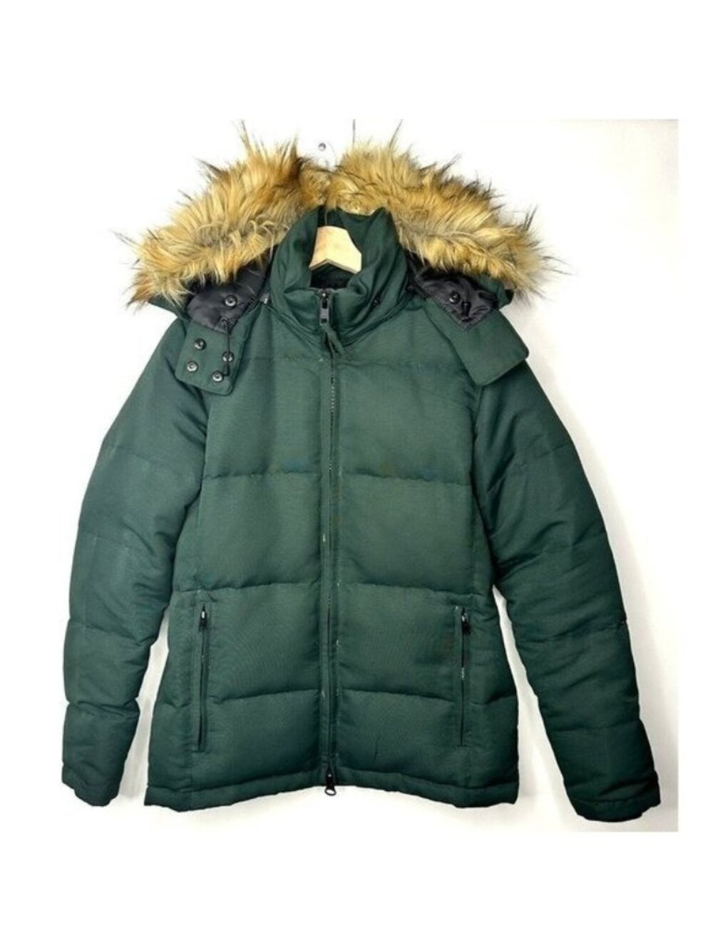 Blue Notes Down Puffer Jacket Womens S Green Faux Fur Hood Warm Cozy Winter Coat
